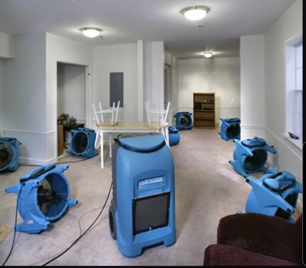 Air movers and dehumidifier setup for Water Damage Restoration in Saratoga